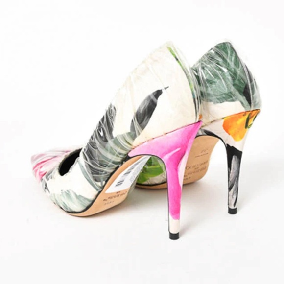 Off-White X Jimmy Choo Pink White Floral Satin Heels Plastic Overlay Size 37 - Picture 5 of 11